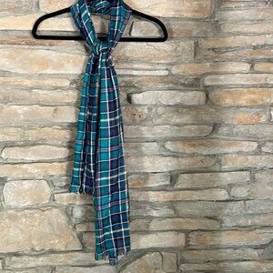 Blue, green, purple, yellow plaid scarf with fringe